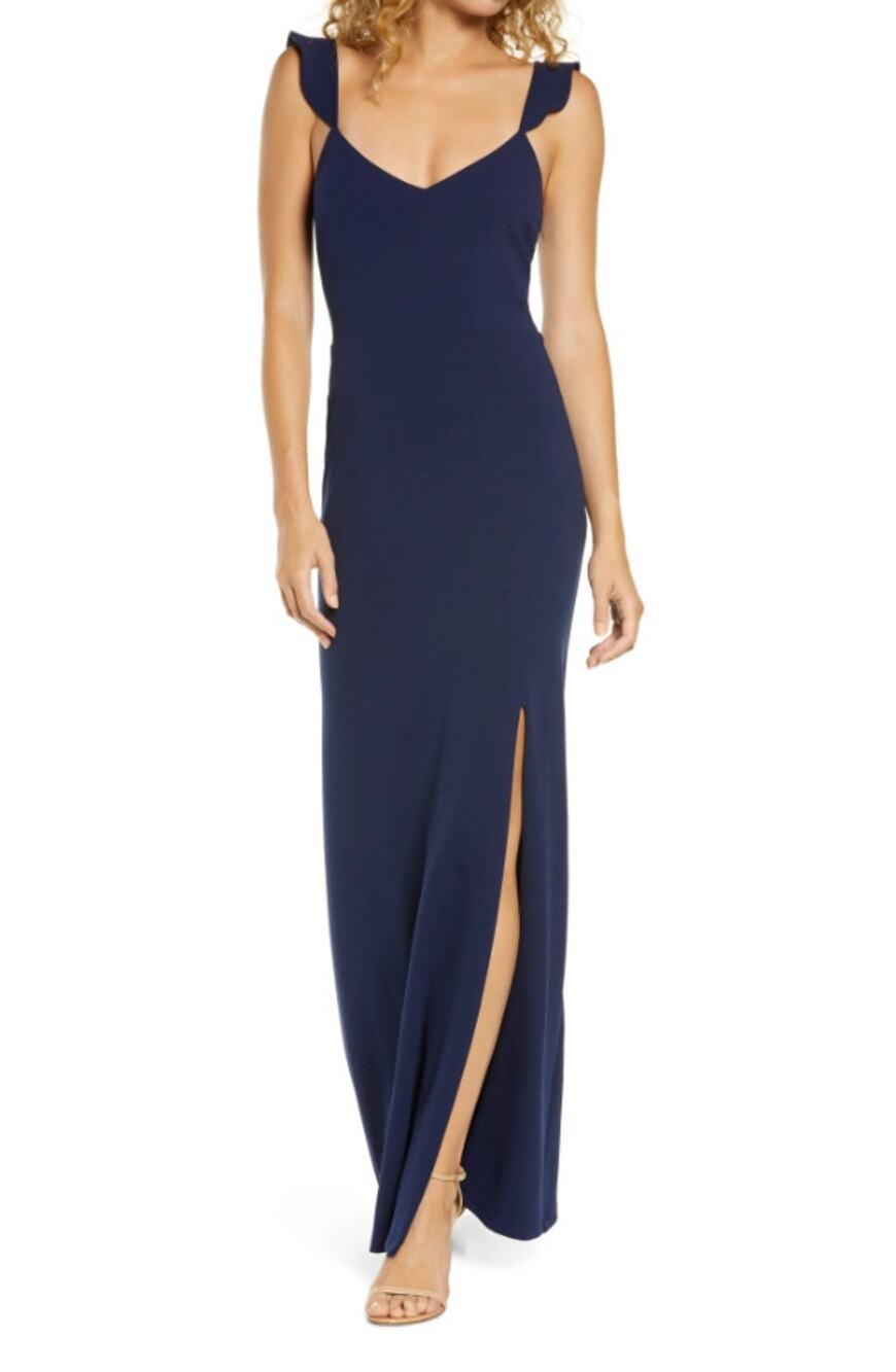 WAYF The Mina Ruffle Strap Sleeveless V-Neck Side Slit Gown Blue size S NWOT